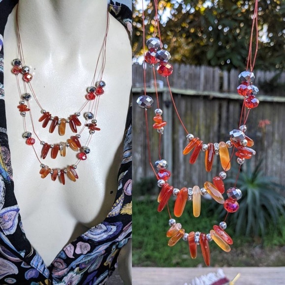 Vintage Carnelian Rhinestone Necklace - Picture 1 of 10